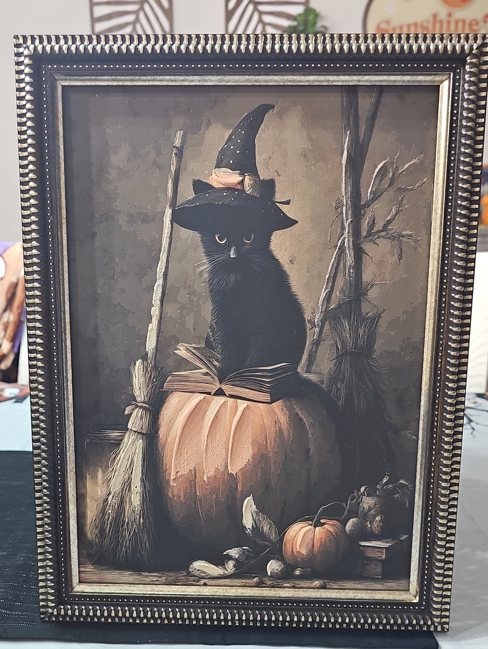 New! Halloween Black Cat Witch Pumpkin Framed Canvas Wall Art 12"x16"